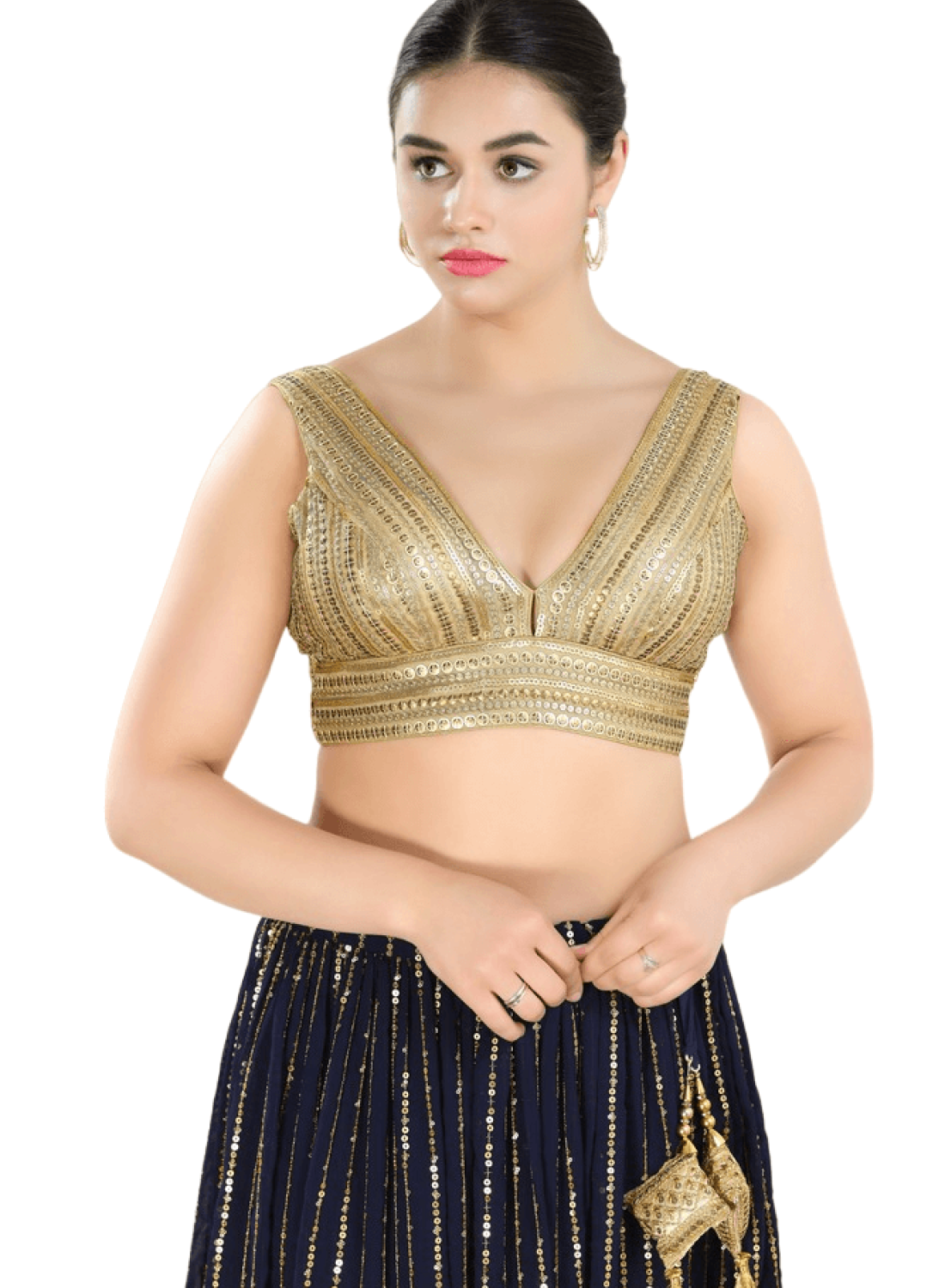 Gold Fancy Net Sequin V Neck Sleeveless Blouse